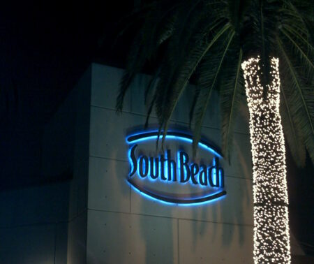 Houston custom sign with LED lights and palm trees