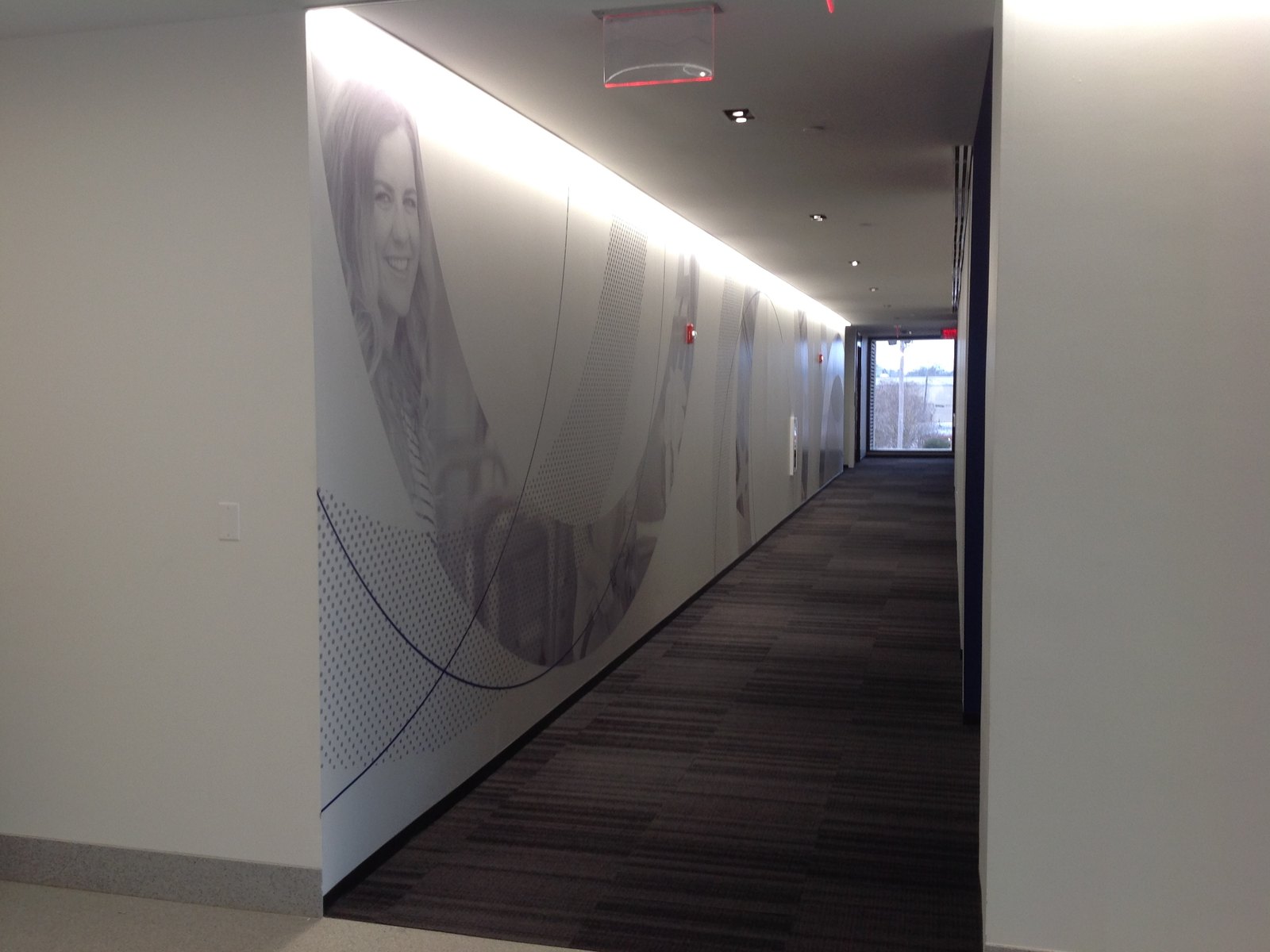 Precision etched-glass wayfinding graphics installed along a corridor by 4D SignWorx in Houston