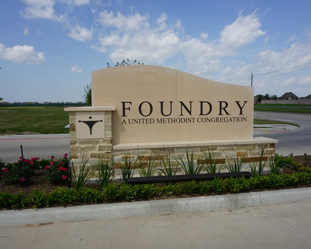 A limestone and stone monument sign for Foundry, a United Methodist congregation, built by 4D SignWorx in Houston
