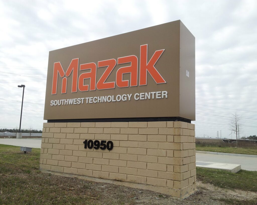 A freeway-facing monument sign for the Mazak Southwest Technology Center, built by 4D SignWorx in Houston