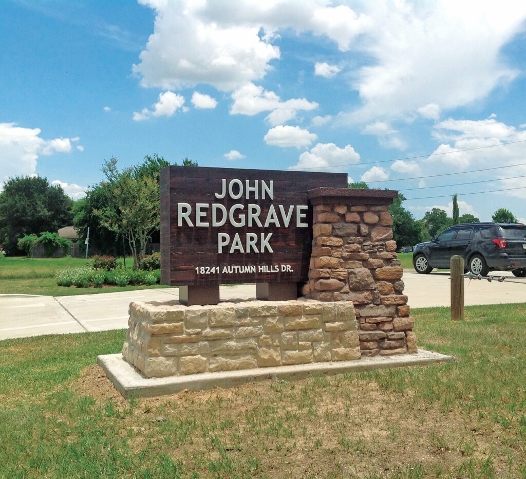 Custom brick monument entrance sign at John Redgrave Park in Houston by 4D SignWorx