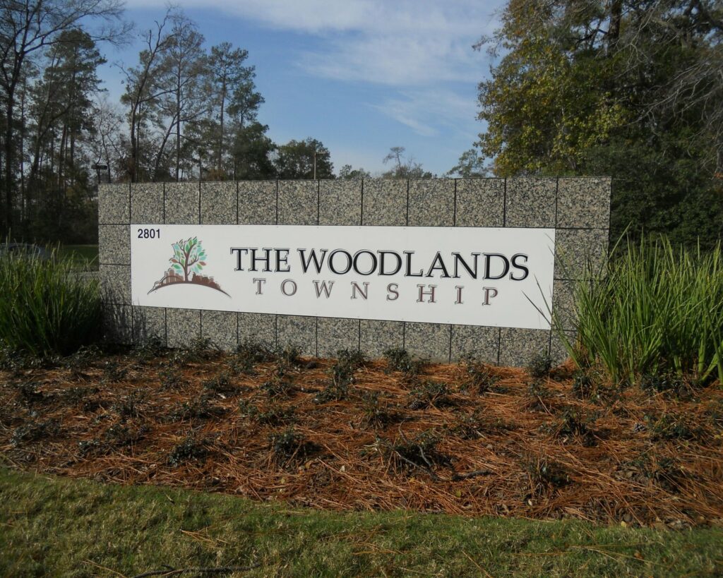 A stone community marker for The Woodlands Township, built by 4D SignWorx